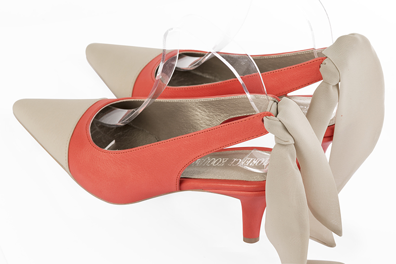 Champagne white and coral orange women's slingback shoes. Pointed toe. Medium slim heel. Rear view - Florence KOOIJMAN